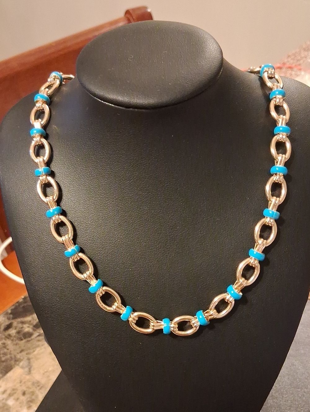 Gorgeous Blue And Gold Statement Necklace With Toggle Closure 18"